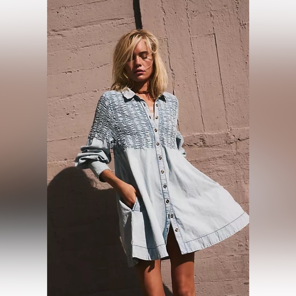 Free People Denim Find Me Now Mini Dress Button Up Textured Smocked Glacier